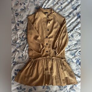 Splash Beige Button-Front Mini Shirt Dress Balloon Sleeve Elastic Waist Size 6